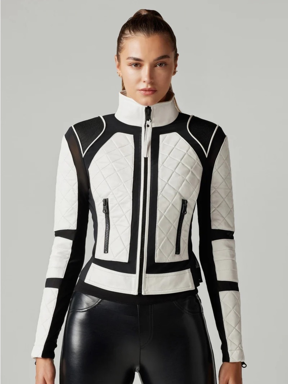 $329 Blanc Noir Women's Black White Color block Leather Moto Jacket Size XS